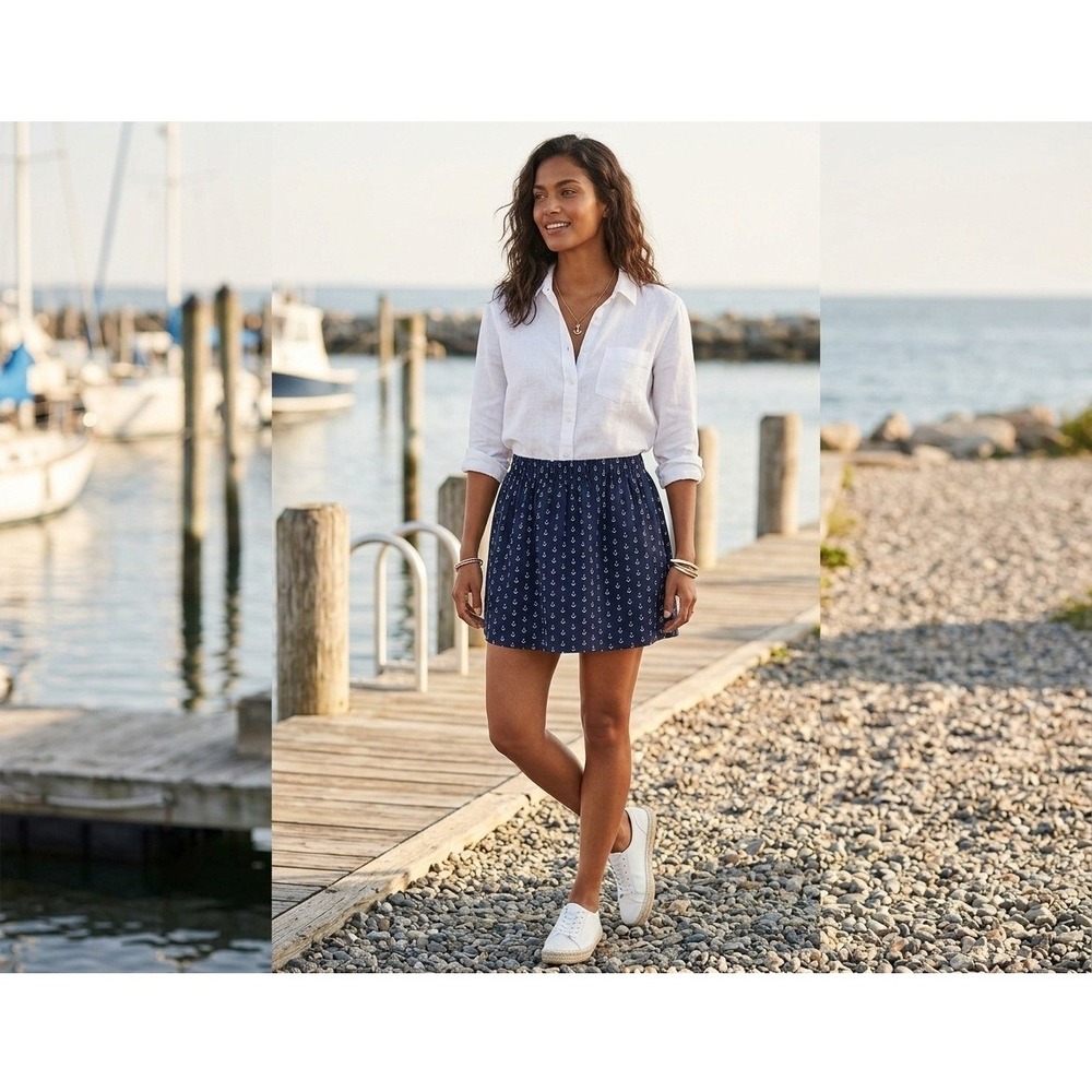 J. Crew Anchor Print Mini Skirt Womens S Navy Blue Nautical Cotton Elastic Waist